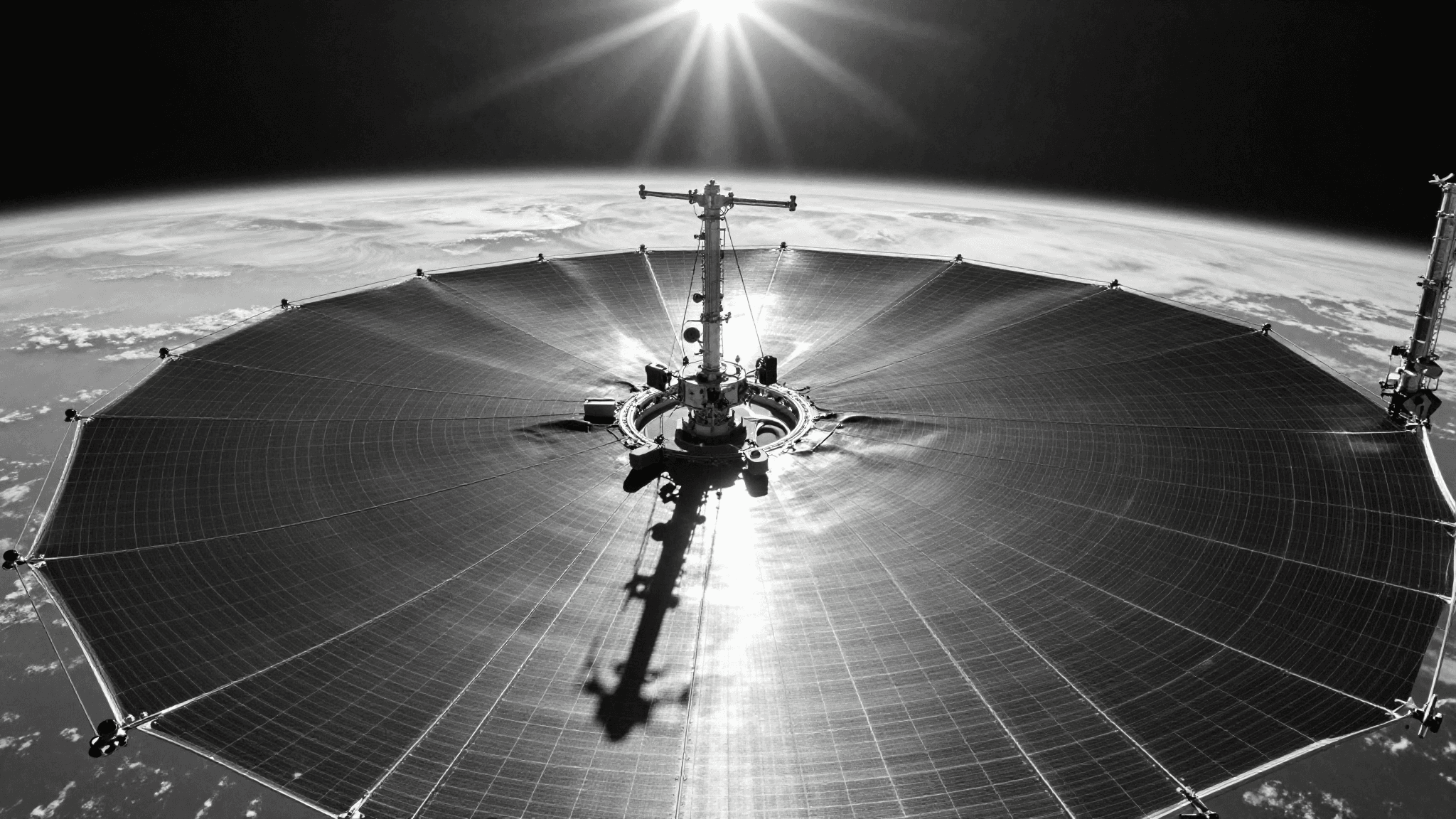 A deployed circular solar array in orbit above Earth, backlit by the sun